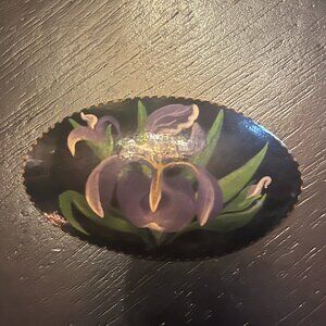 Vintage Hand painted Russian Lacquer Brooch Purple Iris Signed